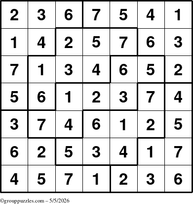 The grouppuzzles.com Answer grid for the Sudoku-7 puzzle for Tuesday May 5, 2026