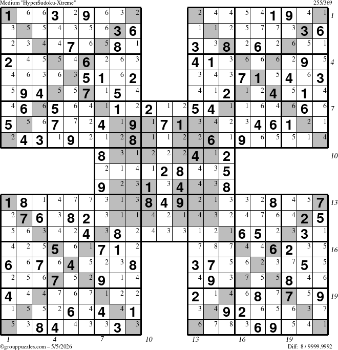 The grouppuzzles.com Medium HyperSudoku-Xtreme puzzle for Tuesday May 5, 2026, suitable for printing, with all 8 steps marked