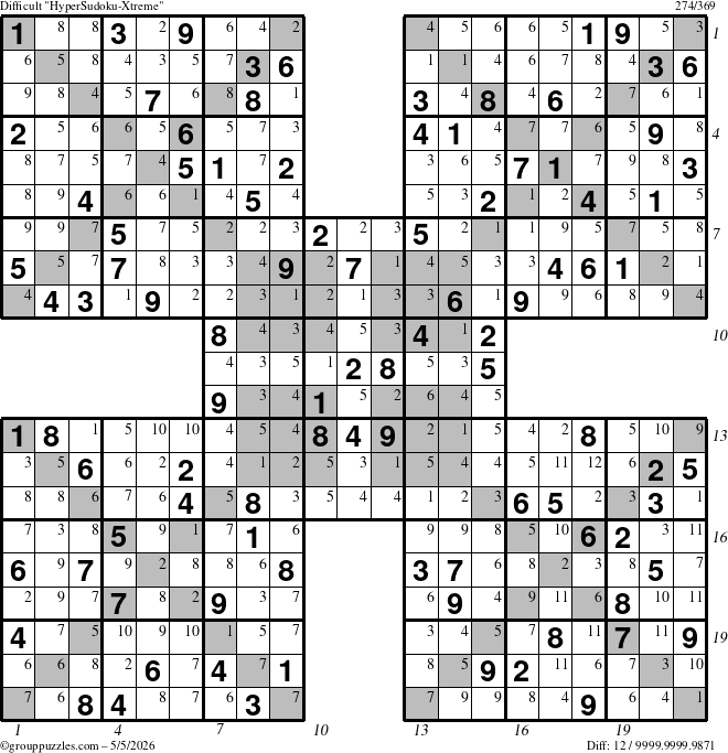 The grouppuzzles.com Difficult HyperSudoku-Xtreme puzzle for Tuesday May 5, 2026 with all 12 steps marked
