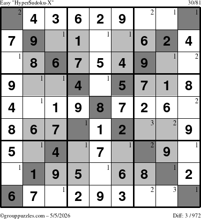 The grouppuzzles.com Easy HyperSudoku-X puzzle for Tuesday May 5, 2026 with the first 3 steps marked