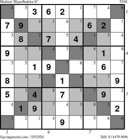 The grouppuzzles.com Medium HyperSudoku-X puzzle for Tuesday May 5, 2026, suitable for printing, with all 8 steps marked