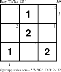 The grouppuzzles.com Easy TicTac-123 puzzle for Tuesday May 5, 2026, suitable for printing, with all 2 steps marked