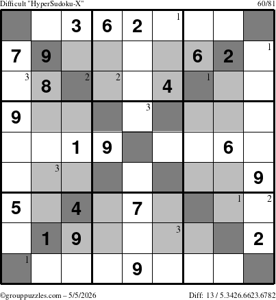 The grouppuzzles.com Difficult HyperSudoku-X puzzle for Tuesday May 5, 2026 with the first 3 steps marked