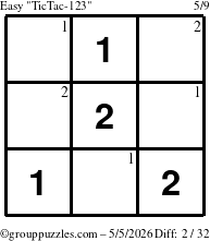 The grouppuzzles.com Easy TicTac-123 puzzle for Tuesday May 5, 2026 with the first 2 steps marked