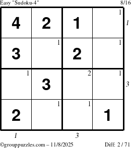 The grouppuzzles.com Easy Sudoku-4 puzzle for Saturday November 8, 2025 with all 2 steps marked