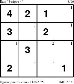 The grouppuzzles.com Easy Sudoku-4 puzzle for Saturday November 8, 2025 with the first 2 steps marked
