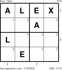 The grouppuzzles.com Easy Alex puzzle for Saturday November 8, 2025, suitable for printing, with all 2 steps marked