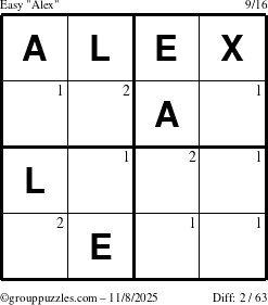 The grouppuzzles.com Easy Alex puzzle for Saturday November 8, 2025 with the first 2 steps marked