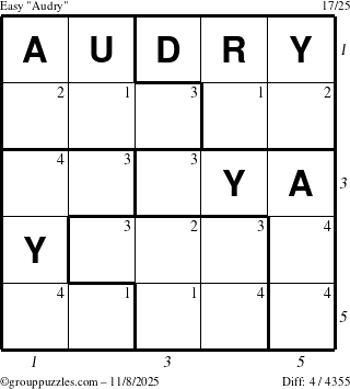 The grouppuzzles.com Easy Audry puzzle for Saturday November 8, 2025 with all 4 steps marked
