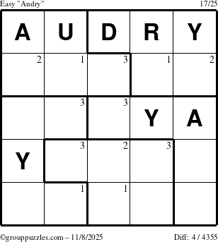 The grouppuzzles.com Easy Audry puzzle for Saturday November 8, 2025 with the first 3 steps marked