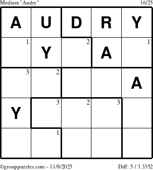 The grouppuzzles.com Medium Audry puzzle for Saturday November 8, 2025 with the first 3 steps marked