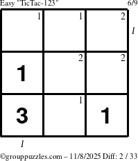The grouppuzzles.com Easy TicTac-123 puzzle for Saturday November 8, 2025, suitable for printing, with all 2 steps marked