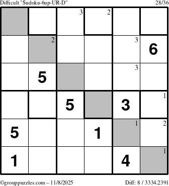 The grouppuzzles.com Difficult Sudoku-6up-UR-D puzzle for Saturday November 8, 2025 with the first 3 steps marked