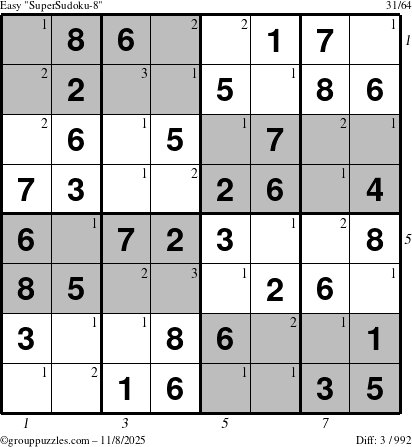 The grouppuzzles.com Easy SuperSudoku-8 puzzle for Saturday November 8, 2025, suitable for printing, with all 3 steps marked