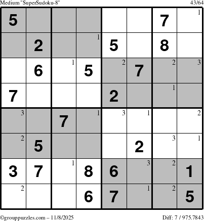 The grouppuzzles.com Medium SuperSudoku-8 puzzle for Saturday November 8, 2025 with the first 3 steps marked