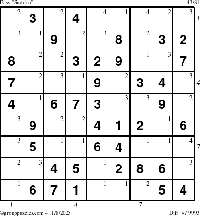 The grouppuzzles.com Easy Sudoku puzzle for Saturday November 8, 2025 with all 4 steps marked