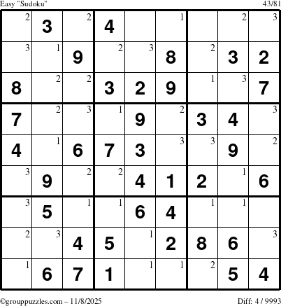 The grouppuzzles.com Easy Sudoku puzzle for Saturday November 8, 2025 with the first 3 steps marked