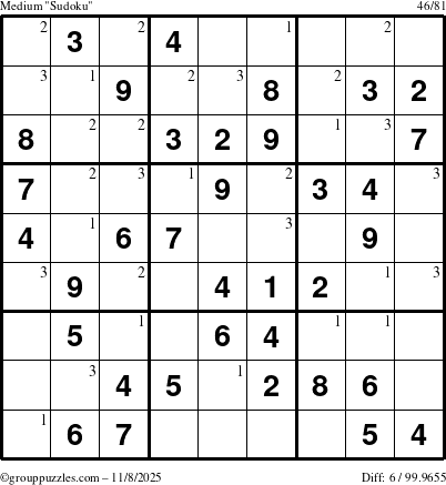 The grouppuzzles.com Medium Sudoku puzzle for Saturday November 8, 2025 with the first 3 steps marked
