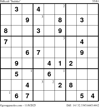 The grouppuzzles.com Difficult Sudoku puzzle for Saturday November 8, 2025 with the first 3 steps marked
