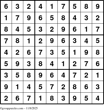 The grouppuzzles.com Answer grid for the Sudoku puzzle for Saturday November 8, 2025