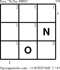 The grouppuzzles.com Easy TicTac-MNO puzzle for Saturday November 8, 2025, suitable for printing, with all 2 steps marked
