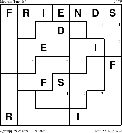 The grouppuzzles.com Medium Friends puzzle for Saturday November 8, 2025 with the first 3 steps marked