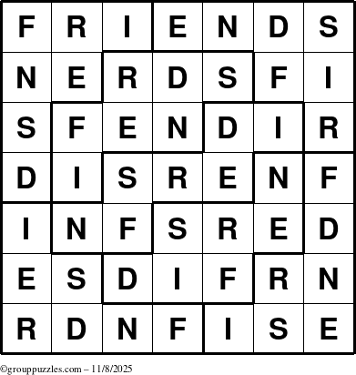 The grouppuzzles.com Answer grid for the Friends puzzle for Saturday November 8, 2025