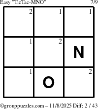 The grouppuzzles.com Easy TicTac-MNO puzzle for Saturday November 8, 2025 with the first 2 steps marked