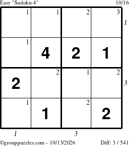 The grouppuzzles.com Easy Sudoku-4 puzzle for Tuesday October 13, 2026, suitable for printing, with all 3 steps marked
