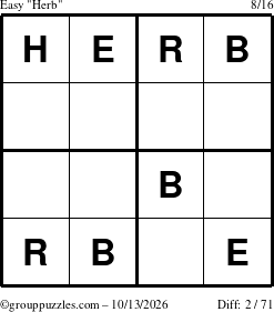 The grouppuzzles.com Easy Herb puzzle for Tuesday October 13, 2026