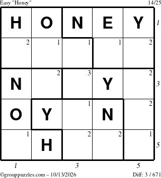 The grouppuzzles.com Easy Honey puzzle for Tuesday October 13, 2026 with all 3 steps marked