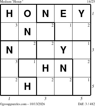 The grouppuzzles.com Medium Honey puzzle for Tuesday October 13, 2026 with all 3 steps marked