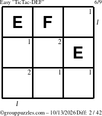 The grouppuzzles.com Easy TicTac-DEF puzzle for Tuesday October 13, 2026, suitable for printing, with all 2 steps marked