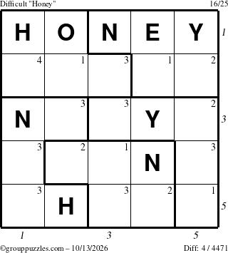 The grouppuzzles.com Difficult Honey puzzle for Tuesday October 13, 2026 with all 4 steps marked