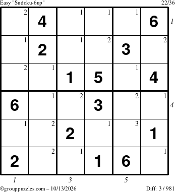 The grouppuzzles.com Easy Sudoku-6up puzzle for Tuesday October 13, 2026 with all 3 steps marked