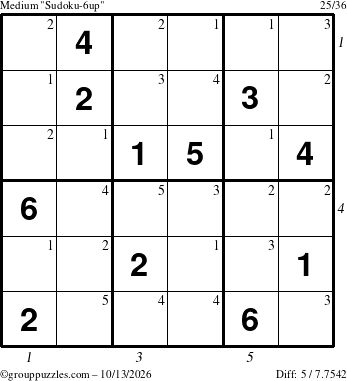 The grouppuzzles.com Medium Sudoku-6up puzzle for Tuesday October 13, 2026 with all 5 steps marked