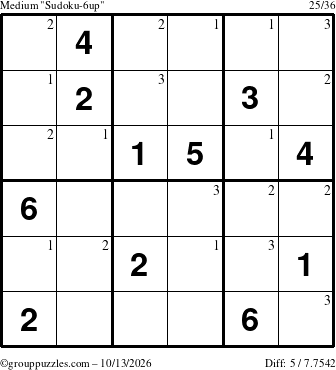 The grouppuzzles.com Medium Sudoku-6up puzzle for Tuesday October 13, 2026 with the first 3 steps marked