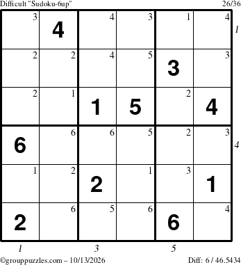 The grouppuzzles.com Difficult Sudoku-6up puzzle for Tuesday October 13, 2026 with all 6 steps marked