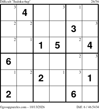 The grouppuzzles.com Difficult Sudoku-6up puzzle for Tuesday October 13, 2026 with the first 3 steps marked