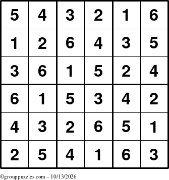 The grouppuzzles.com Answer grid for the Sudoku-6up puzzle for Tuesday October 13, 2026