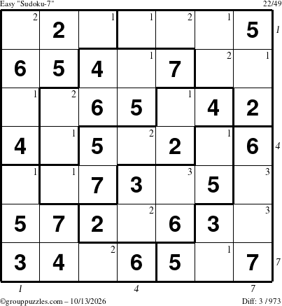 The grouppuzzles.com Easy Sudoku-7 puzzle for Tuesday October 13, 2026 with all 3 steps marked