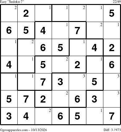 The grouppuzzles.com Easy Sudoku-7 puzzle for Tuesday October 13, 2026 with the first 3 steps marked