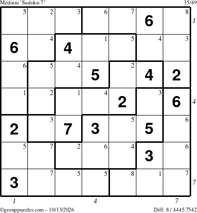 The grouppuzzles.com Medium Sudoku-7 puzzle for Tuesday October 13, 2026, suitable for printing, with all 8 steps marked