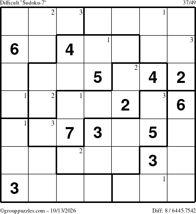 The grouppuzzles.com Difficult Sudoku-7 puzzle for Tuesday October 13, 2026 with the first 3 steps marked
