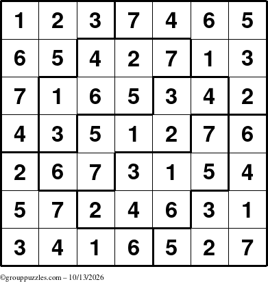 The grouppuzzles.com Answer grid for the Sudoku-7 puzzle for Tuesday October 13, 2026
