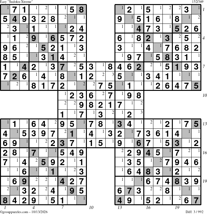 The grouppuzzles.com Easy Sudoku-Xtreme puzzle for Tuesday October 13, 2026, suitable for printing, with all 3 steps marked