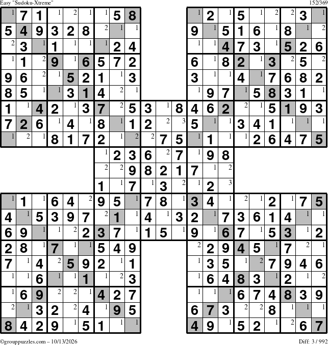 The grouppuzzles.com Easy Sudoku-Xtreme puzzle for Tuesday October 13, 2026 with the first 3 steps marked