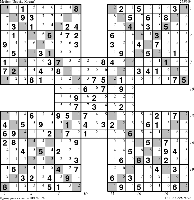 The grouppuzzles.com Medium Sudoku-Xtreme puzzle for Tuesday October 13, 2026, suitable for printing, with all 8 steps marked