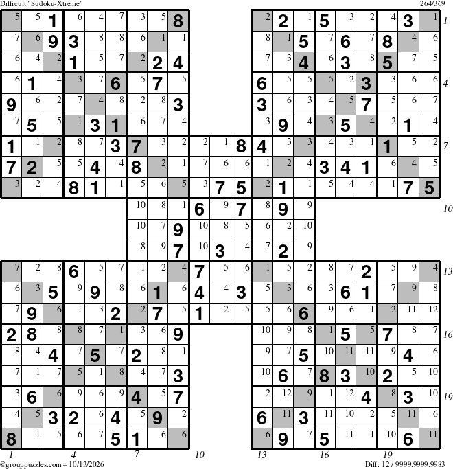 The grouppuzzles.com Difficult Sudoku-Xtreme puzzle for Tuesday October 13, 2026, suitable for printing, with all 12 steps marked