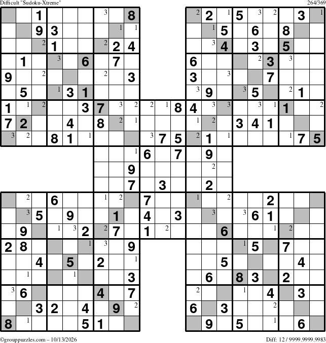 The grouppuzzles.com Difficult Sudoku-Xtreme puzzle for Tuesday October 13, 2026 with the first 3 steps marked